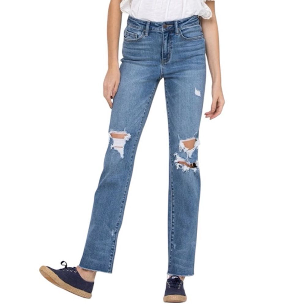Vervet Straight Leg High Rise Light Wash Destressed Jeans Stretch Size 29